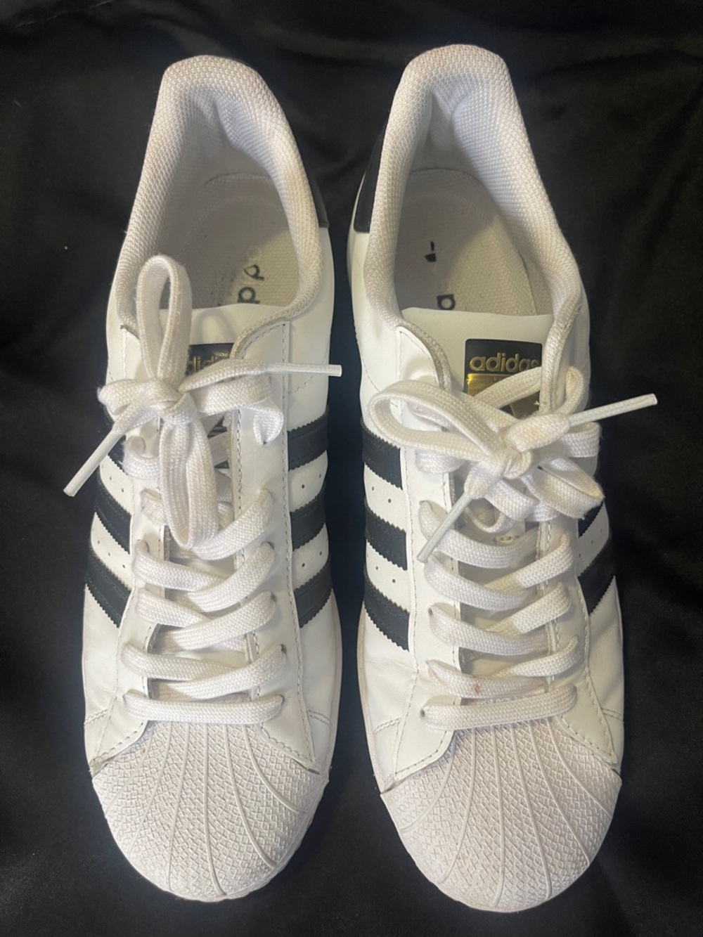 adidas men’s size 11 White Sneakers with Black Stripes and Gold Accent
